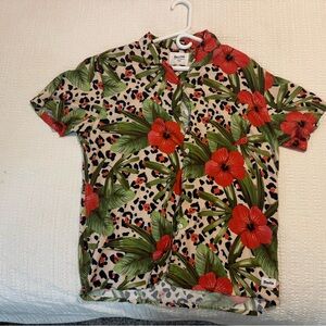 Duvin Floral/Leopard Print Button Up Shirt Size L